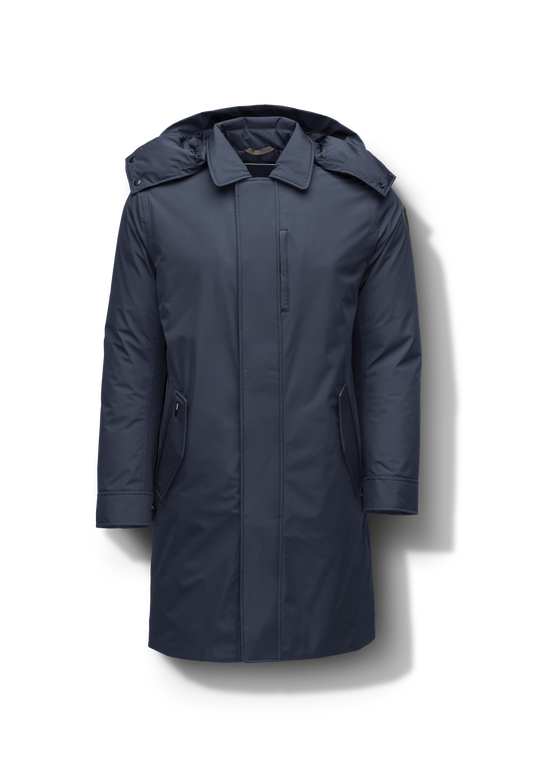 Nord Men's Tailored Trench Coat in knee length, 3-Ply Micro Denier and 4-Way Durable Stretch Weave fabrication, Premium Canadian White Duck Down insulation, removable down-filled hood, exterior zipper pocket at left chest, and adjustable snap button cuffs, in Marine + Marine