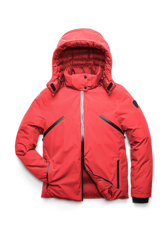 Hip length, reversible men's down filled jacket with removable hood in Vermillion + Vermillion