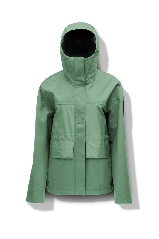 Opal Women's Performance Short Shell Jacket in hip length, premium cotton blend and contrast iridescent fabrication, adjustable drawcord at waist, non-removable hood with reflective trim, adjustable hood draw cord at interior collar, zippered side entry pockets at waist, top entry flap pockets at waist, adjustable snap cuffs, snap button wind flap, two-way branded zipper at centre front, and interior zipper pocket, in Comfrey + Comfrey