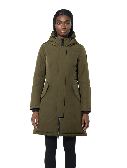 Ladies thigh length down-filled parka with non-removable hood and removable coyote fur trim in Fatigue + Fatigue