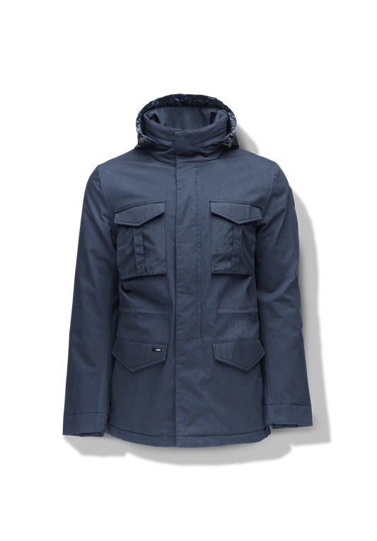 Pelican Men's Tailored Field Jacket in hip length, premium cotton blend and 3-ply micro denier fabrication, Premium Canadian origin White Duck Down insulation, tuck away, waterproof hood in premium cire technical nylon taffeta, two-way centre-front zipper with magnetic wind flap, pit zipper vents, magnetic closure chest and waist flap pockets, hidden adjustable waist drawcord, and action back detailing, in Navy + Navy