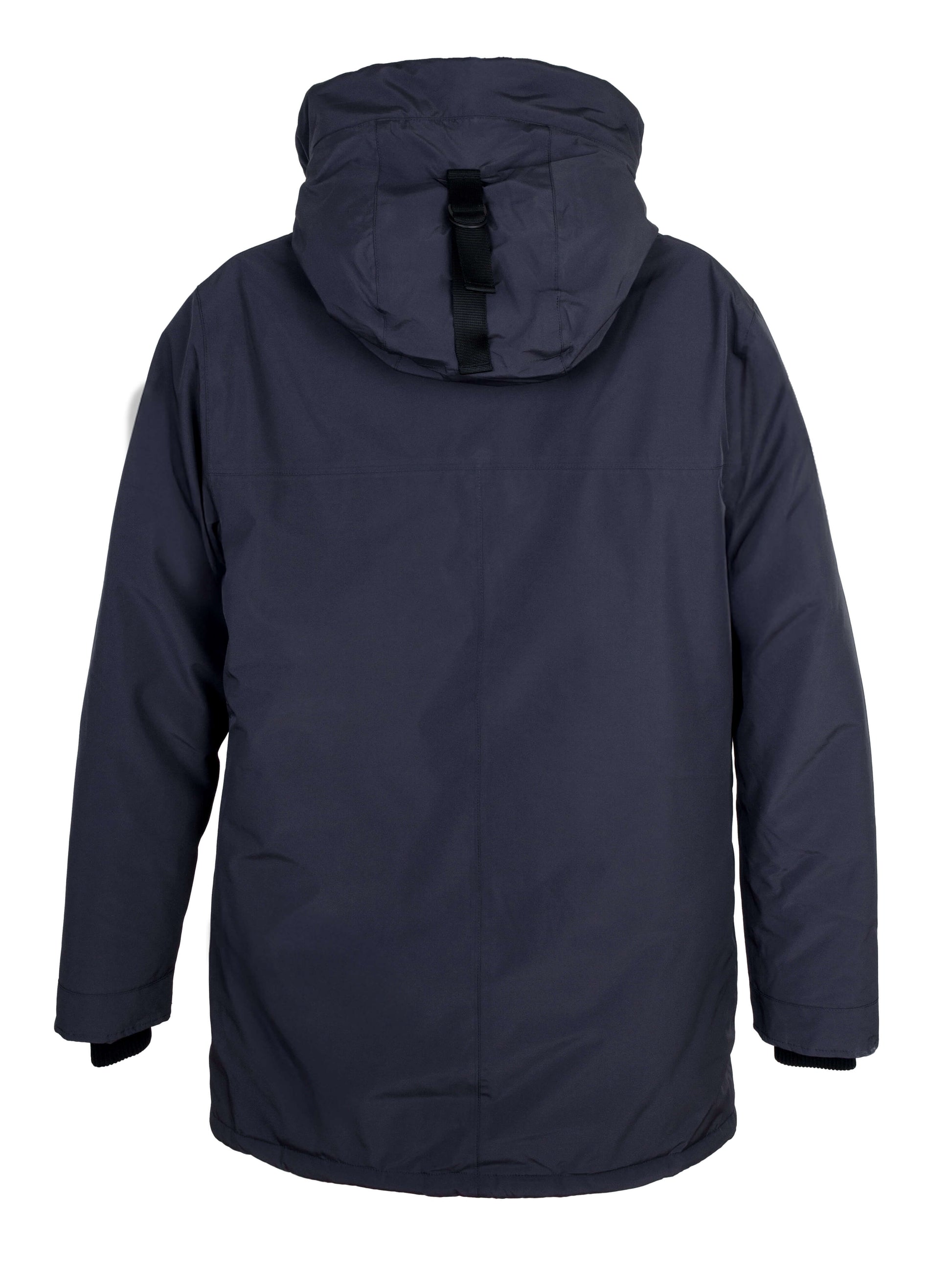 Pierre Men's Jacket in thigh length, Canadian white duck down insulation, non-removable down-filled hood, angled waist pockets, centre-front zipper with wind flap, and elastic ribbed cuffs, in 3L Black