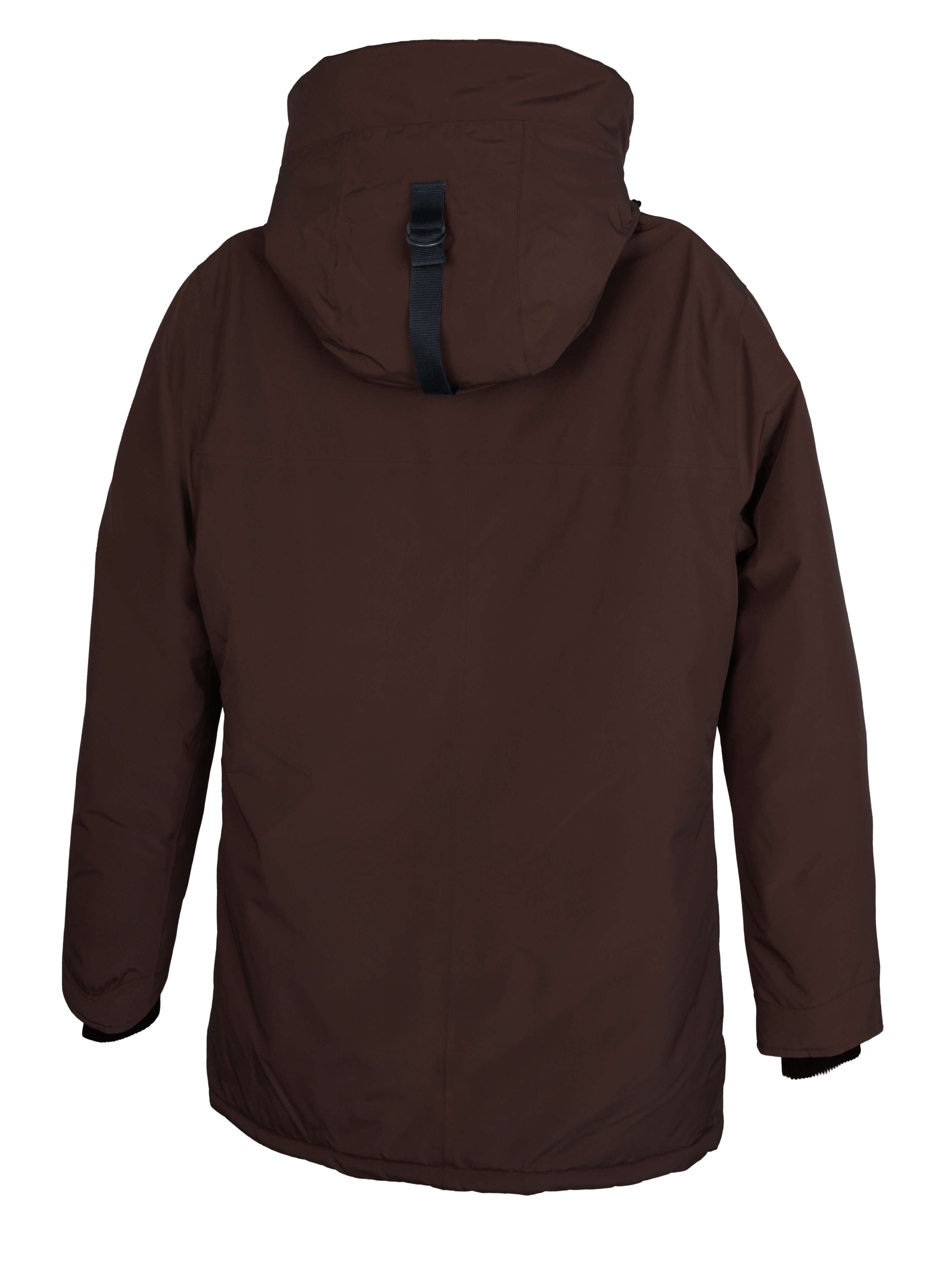 Pierre Men's Jacket in thigh length, Canadian white duck down insulation, non-removable down-filled hood, angled waist pockets, centre-front zipper with wind flap, and elastic ribbed cuffs, in 3L Merlot