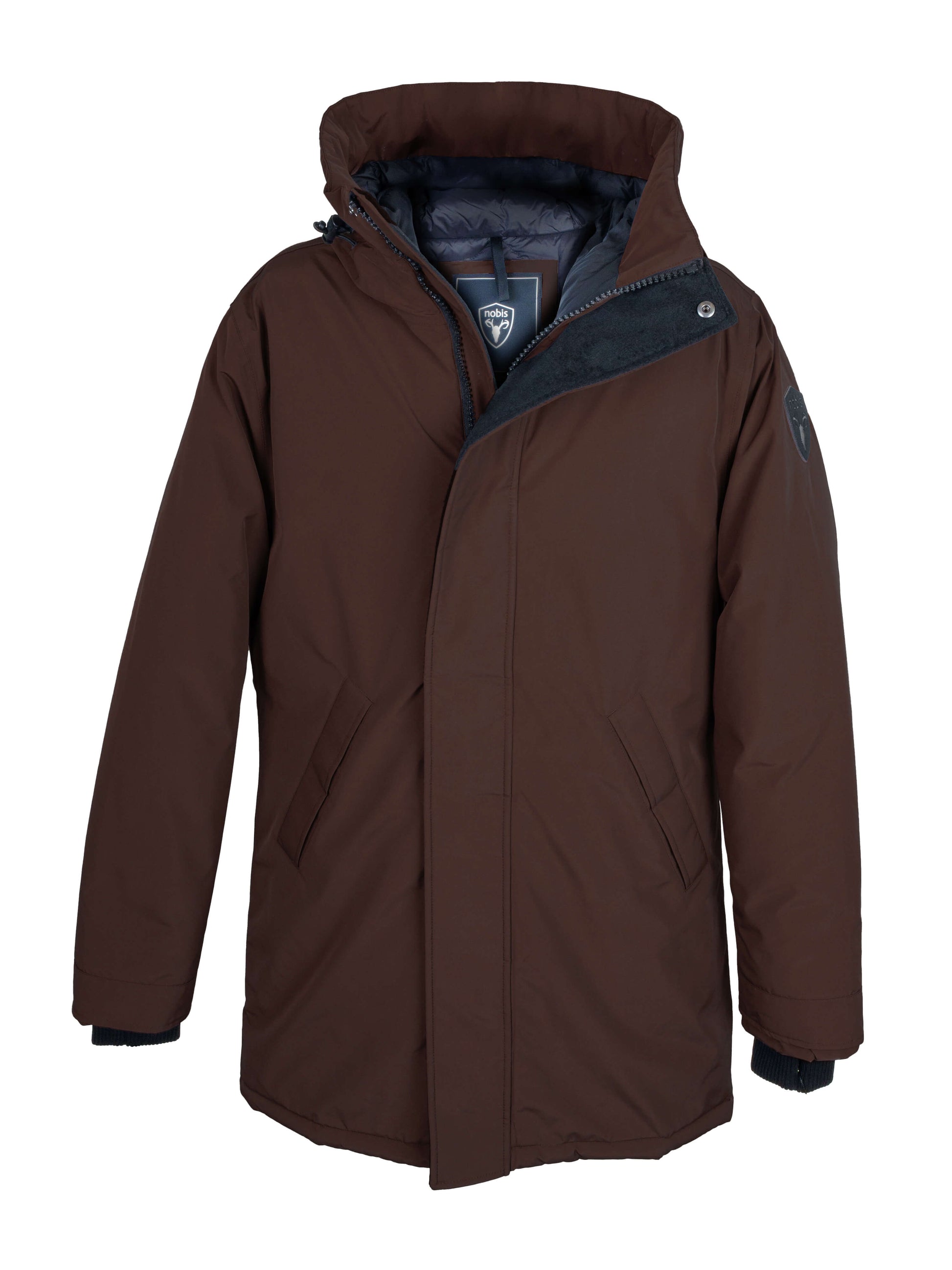Pierre Men's Jacket in thigh length, Canadian white duck down insulation, non-removable down-filled hood, angled waist pockets, centre-front zipper with wind flap, and elastic ribbed cuffs, in 3L Merlot