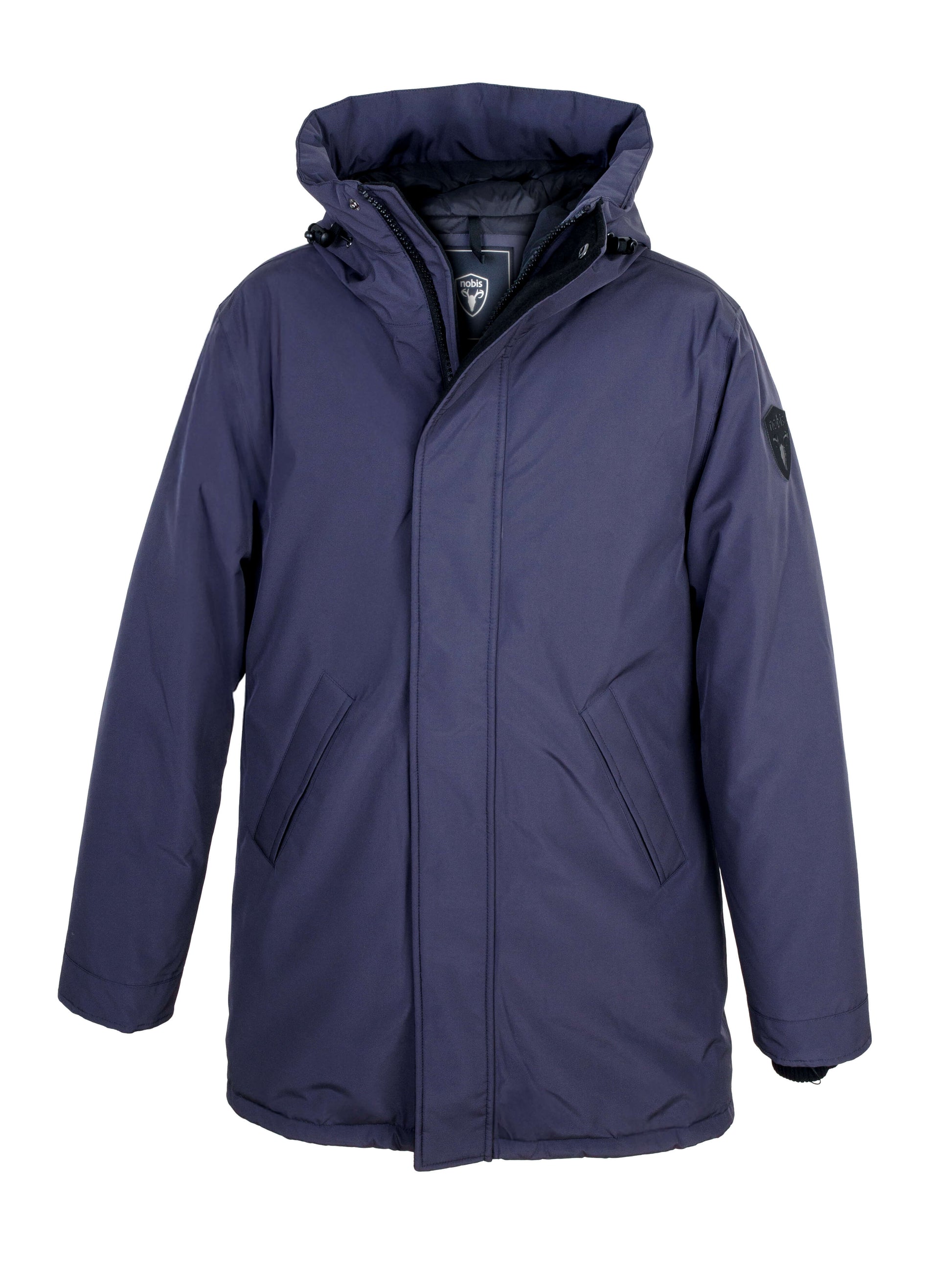 Pierre Men's Jacket in thigh length, Canadian white duck down insulation, non-removable down-filled hood, angled waist pockets, centre-front zipper with wind flap, and elastic ribbed cuffs, in 3L Navy