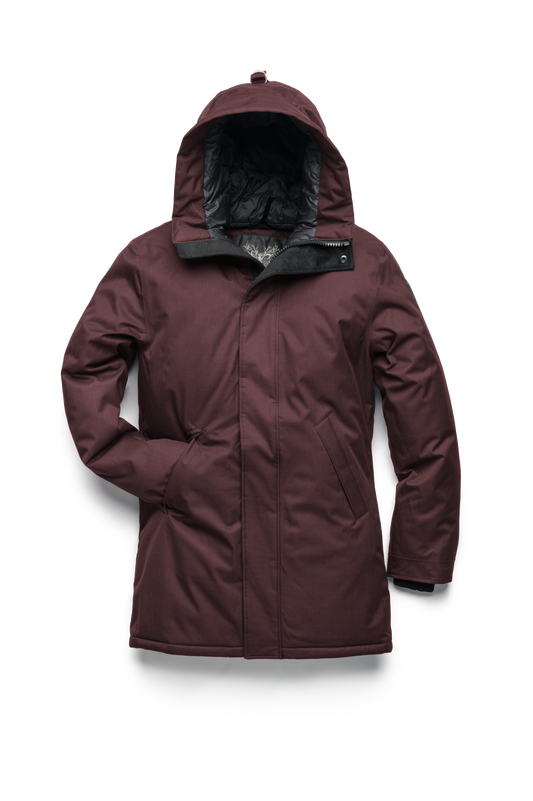 Pierre Men's Jacket in thigh length, Canadian white duck down insulation, non-removable down-filled hood, angled waist pockets, centre-front zipper with wind flap, and elastic ribbed cuffs, in CH Merlot + CH Merlot