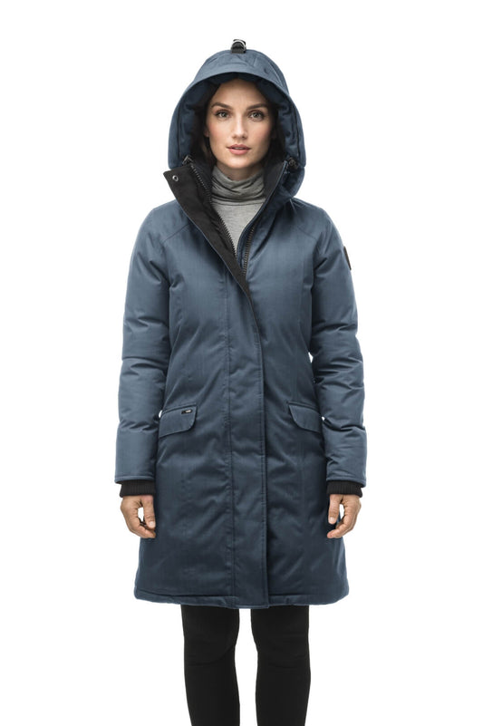 Rebecca Women's Parka in knee length, Canadian duck down insulation, two-way zipper with magnetic front placket, non-removable hood with removable coyote fur trim, in Balsam + Balsam