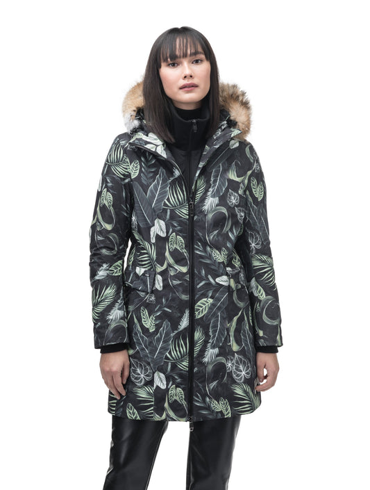 Romeda Ladies Mid Thigh Parka in thigh length, Canadian duck down insulation, non-removable hood with removable fur ruff trim, and two-way front zipper, in Foliage + Foliage