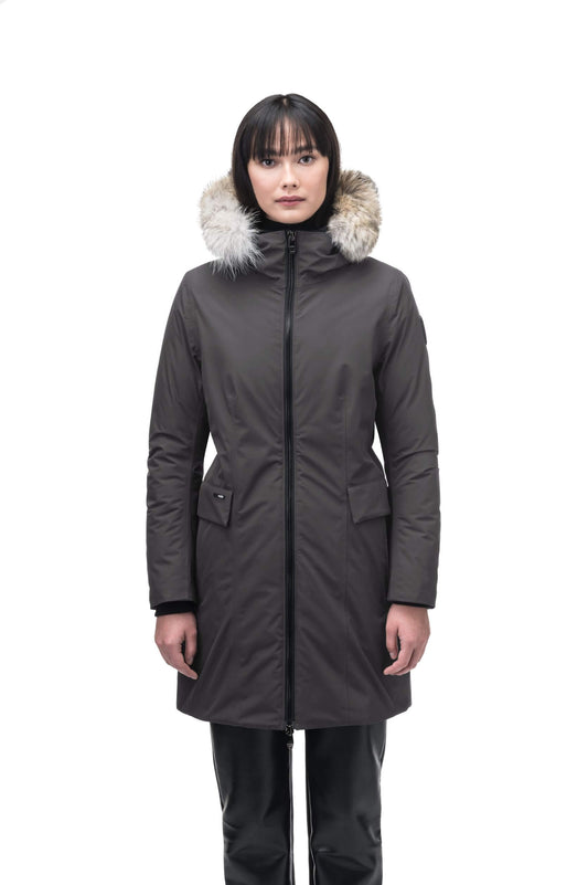 Romeda Ladies Mid Thigh Parka in thigh length, Canadian duck down insulation, non-removable hood with removable fur ruff trim, and two-way front zipper, in Steel Grey + Steel Grey