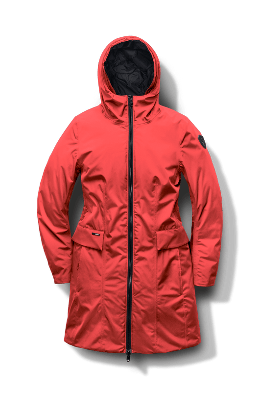 Romeda Ladies Mid Thigh Parka in thigh length, Canadian duck down insulation, non-removable hood with removable fur ruff trim, and two-way front zipper, in Vermillion + Vermillion