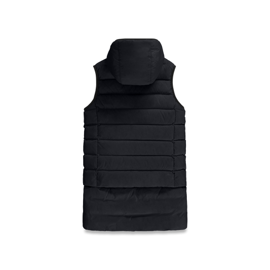 Saratoga puffer vest in Wheat insulated with Canadian white duck down, featuring stretch nylon ribbing for mobility, hidden waist drawcord, and a tailored fit for warmth and style. Lightweight and ideal for layering. + Black