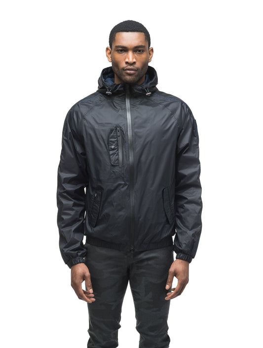 Men's waist length windbreaker with hood in Black + Black