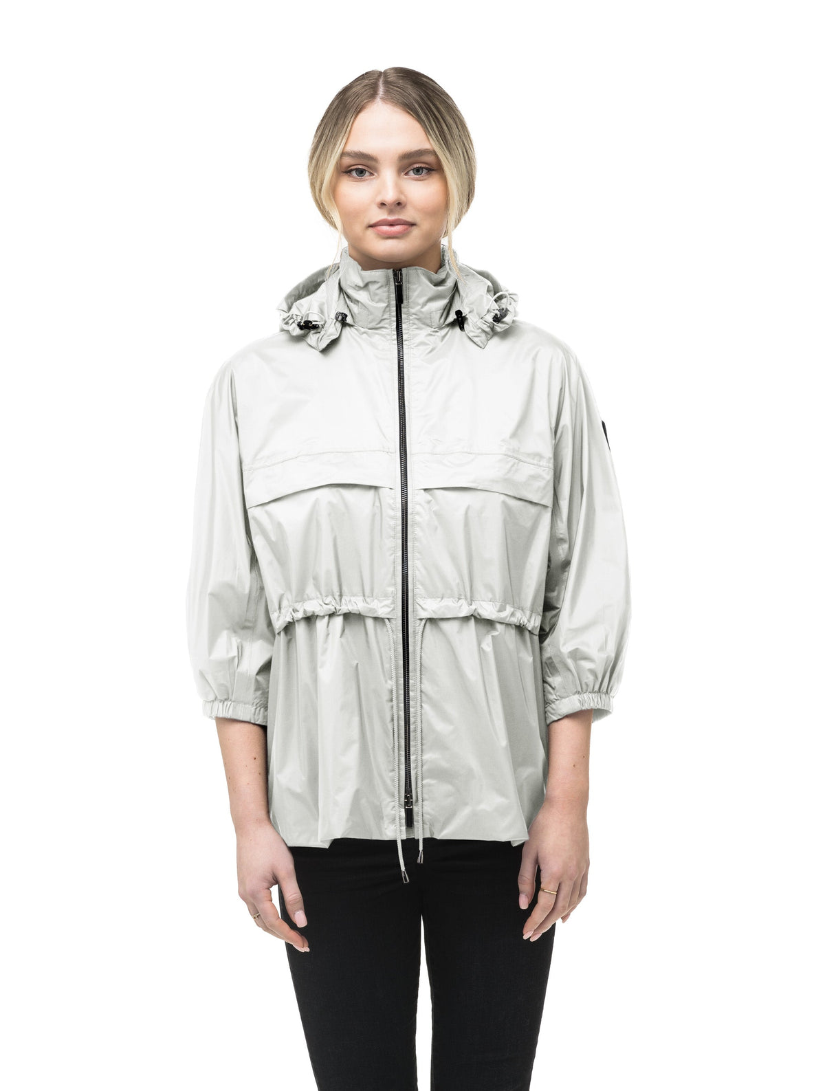 Women's waist length windbreaker with two chest pockets in Light Grey