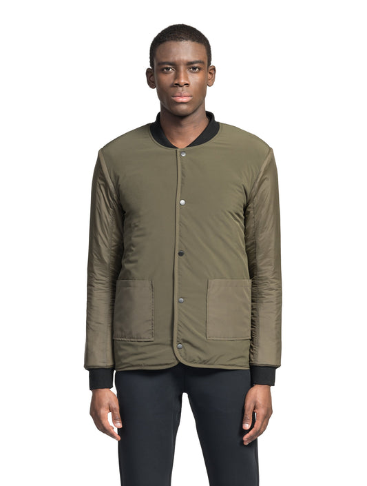 Speck Men's Tailored Mid Layer Jacket in hip length, Primaloft Gold Insulation Active+, diamond quilted body, rib knit collar and cuffs, snap buton front closure, and hidden side-entry zipper pockets at waist, in Fatigue + Fatigue / XS