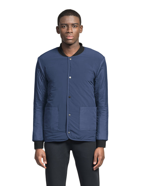 Speck Men's Tailored Mid Layer Jacket in hip length, Primaloft Gold Insulation Active+, diamond quilted body, rib knit collar and cuffs, snap buton front closure, and hidden side-entry zipper pockets at waist, in Blueprint + Blueprint / XS
