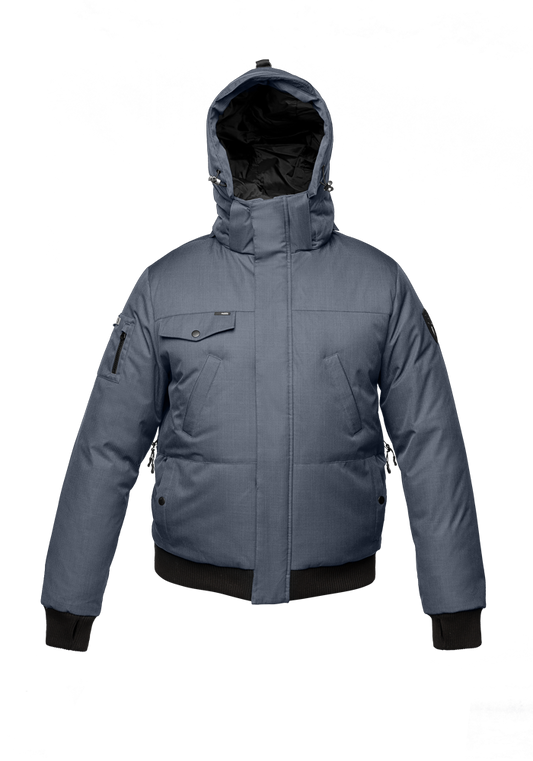 Men's sleek down filled bomber jacket with clean details and a fur free hood in Balsam + Balsam