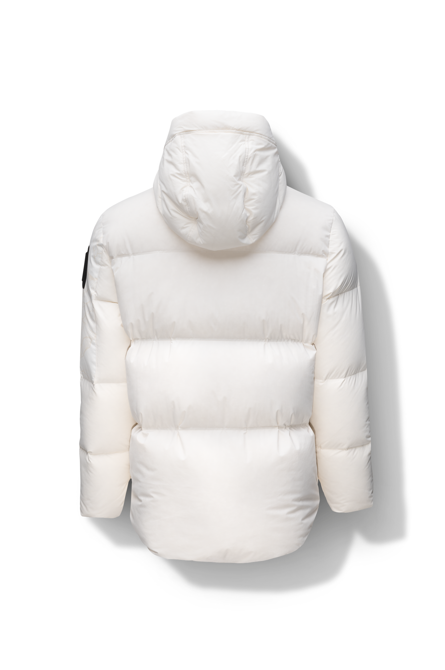 Supra Men's Performance Puffer in hip length, Technical Taffeta and 3-Ply Micro Denier fabrication, Premium Canadian White Duck Down insulation, non-removable down filled hood, centre front two-way zipper, flap pockets at waist, and zipper pocket at left bicep, in Chalk