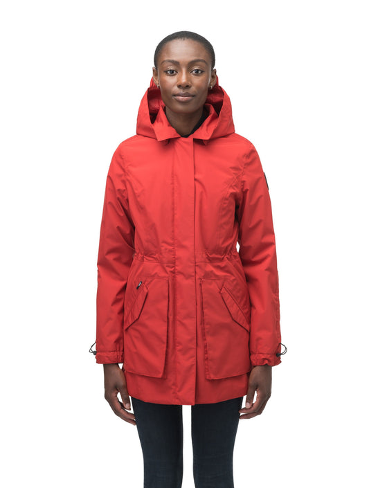 Women's thigh length raincoat with collar and non-removable hood in Vermillion + Vermillion / XXS