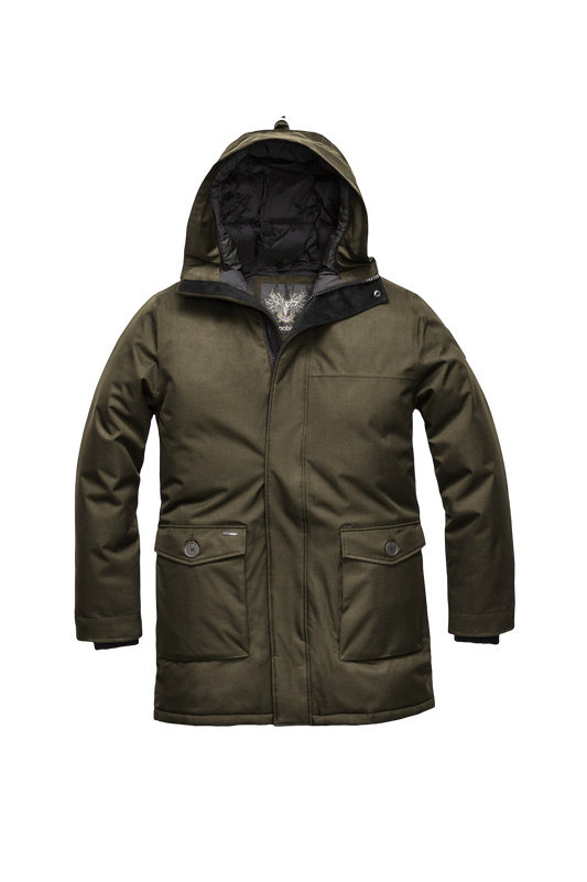 Yves Furless Men's Parka in thigh length, Canadian white duck down insulation, non-removable down-filled hood, flap pockets at waist, centre-front two-way zipper with magnetic wind flap, and elastic ribbed cuffs, in CH Fatigue + Fatigue