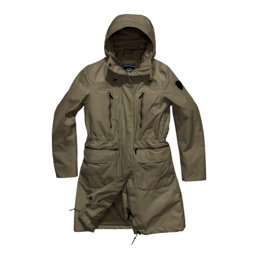 Women's knee length anorak with four front pockets and adjustable cord waist in Fatigue + Fatigue
