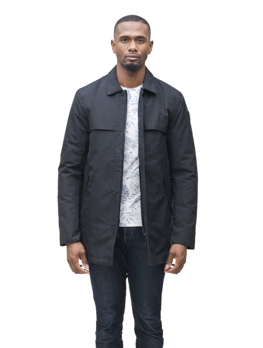 Men's waist length raincoat with a magnetic placket and top button detail in Navy + Navy