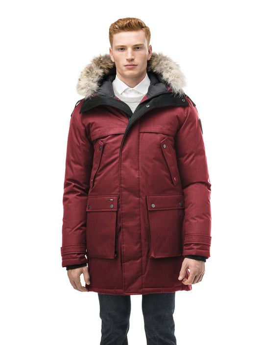 Men's Best Selling Parka the Yatesy is a down filled jacket with a zipper closure and magnetic placket in CH Cabernet + CH Cabernet