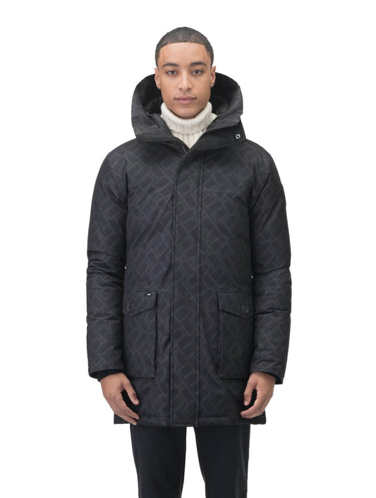 Yves Furless Men's Parka in thigh length, Canadian white duck down insulation, non-removable down-filled hood, flap pockets at waist, centre-front two-way zipper with magnetic wind flap, and elastic ribbed cuffs, in Dark Monogram + Dark Monogram