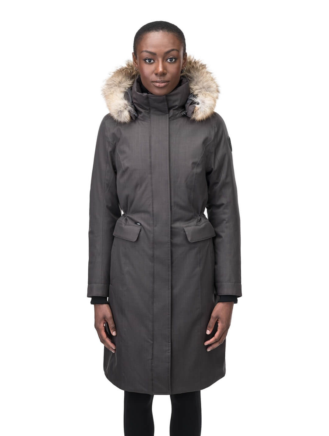 Zenith Ladies Knee Length Parka in knee length, Canadian duck down insulation, removable hood with removable fur ruff trim, and two-way front zipper, in Steel Grey