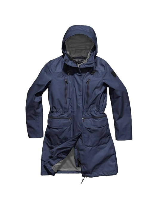 Women's knee length anorak with four front pockets and adjustable cord waist in Marine + Marine