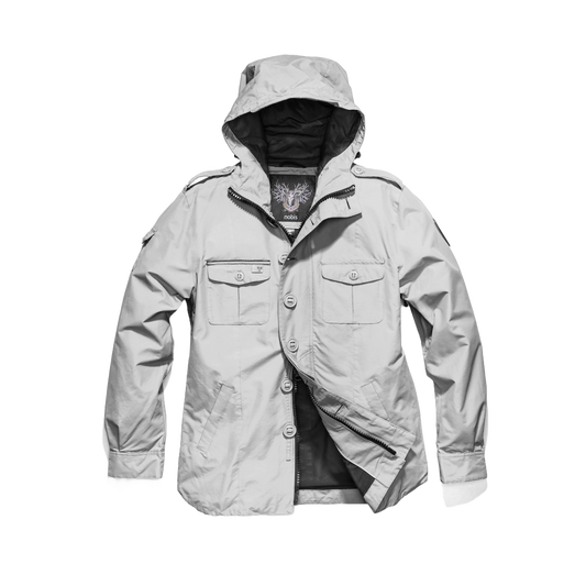 Men's hooded shirt jacket with patch chest pockets in Light Grey + Light Grey