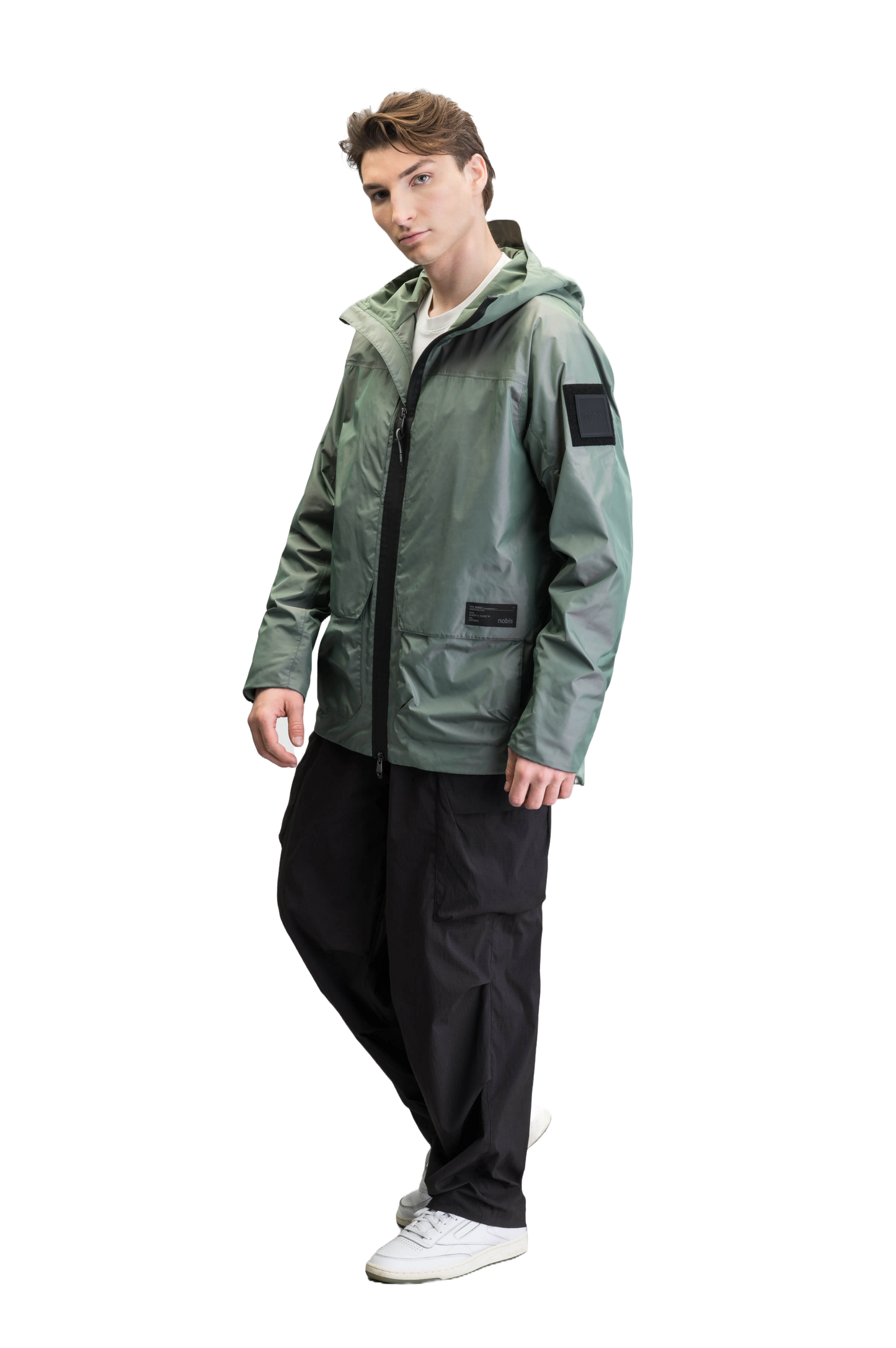 Mission Men's Performance Rain Shell Jacket in hip length, non-removable hood with adjustable toggle, two-way waterproof zipper, flap closure waist pockets with additional side entry storage, zipper ventilation on back, passive underarm ventilation, and breathable mesh lining, in Duck Green