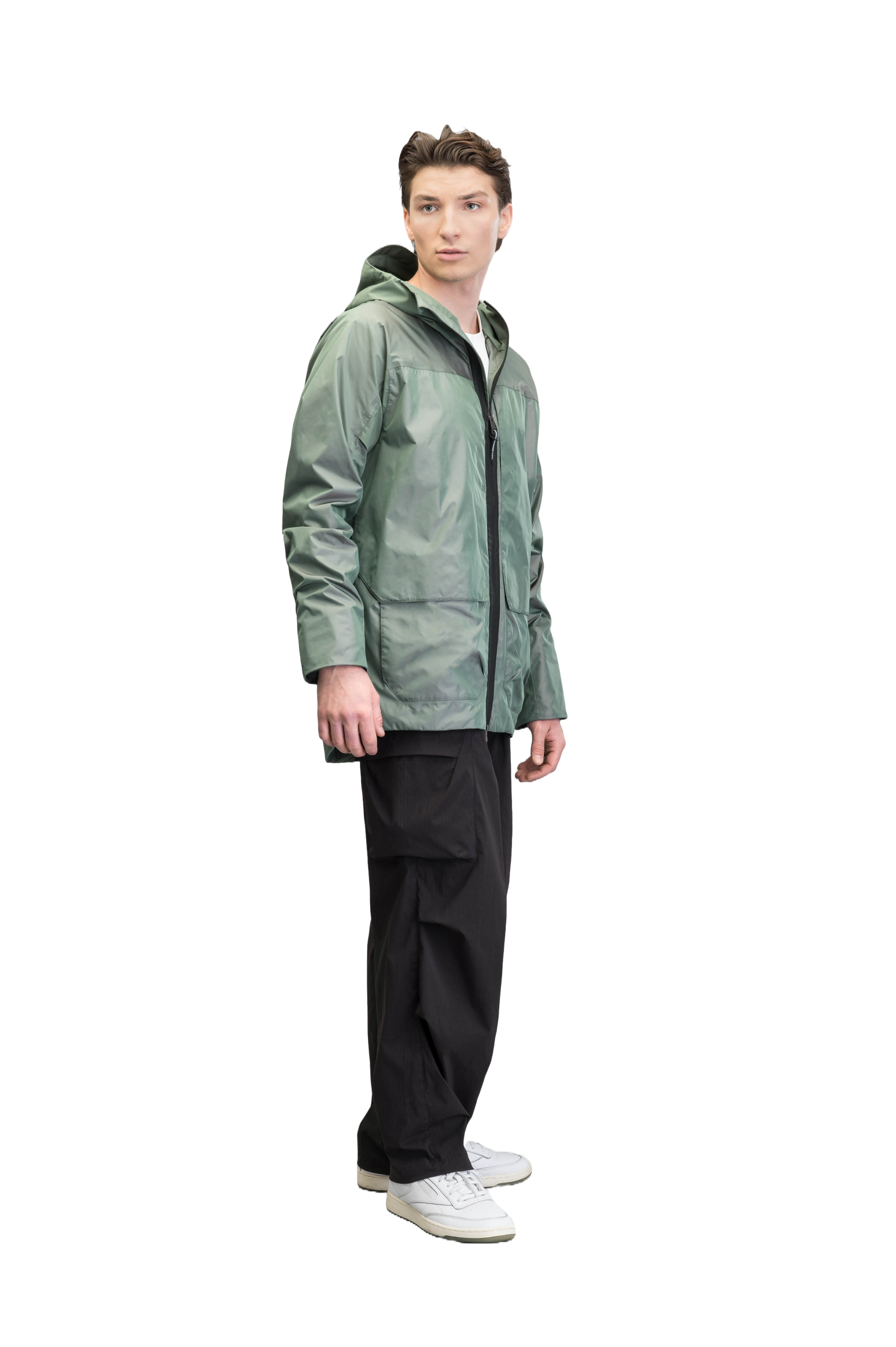 Mission Men's Performance Rain Shell Jacket in hip length, non-removable hood with adjustable toggle, two-way waterproof zipper, flap closure waist pockets with additional side entry storage, zipper ventilation on back, passive underarm ventilation, and breathable mesh lining, in Duck Green