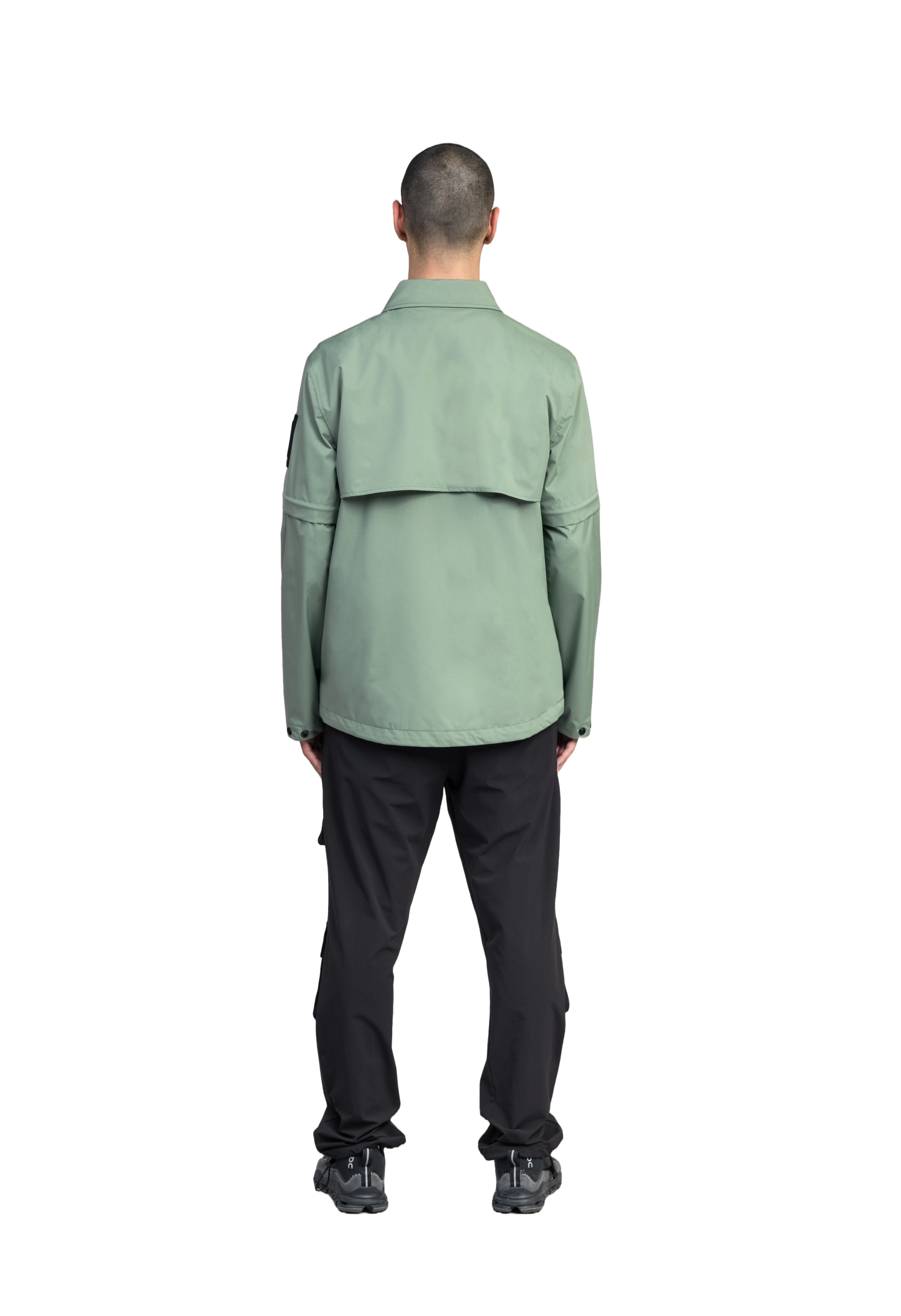 Thurlow Men's Performance Zip Off Sleeve Rain Shirt in hip length, convertible collar, patch chest zipper pockets, hidden in-seam pockets, zip off sleeves, centre front two-way zipper closure, in Duck Green