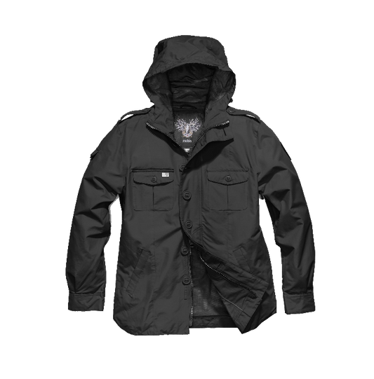 Men's hooded shirt jacket with patch chest pockets in Black + Black
