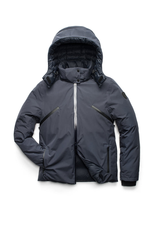Hip length, reversible men's down filled jacket with removable hood in Marine + Marine