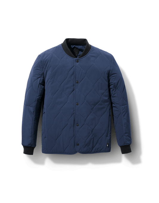 Speck Men's Tailored Mid Layer Jacket in hip length, Primaloft Gold Insulation Active+, diamond quilted body, rib knit collar and cuffs, snap buton front closure, and hidden side-entry zipper pockets at waist, in Blueprint + Blueprint