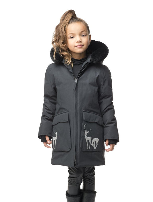 Kid's knee length down filled parka with deer applique detailing on the front patch pockets in Cy Black + Cy Black