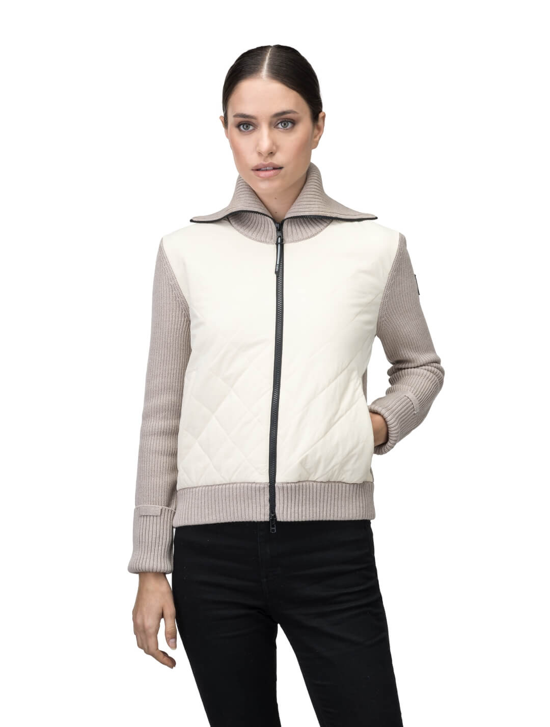 Ada Ladies Quilted Full Zip Sweater in hip length, PrimaLoft Gold Insulation Active+, Durable 4-Way Stretch Weave quilted torso, Merino wool knit collar, sleeves, back, and cuffs, two-way front zipper, and hidden waist pockets, in Wheat
