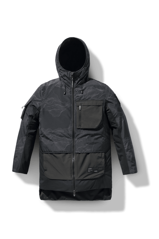 Alta Men's Performance Shell Jacket in hip length, Primaloft Gold Insulation Active+, chest and waist pockets, ventilation under arms, reflective detailing on hood and back, two-way front zipper, and non-removable hood with adjustable drawstrings, in Concrete + Concrete