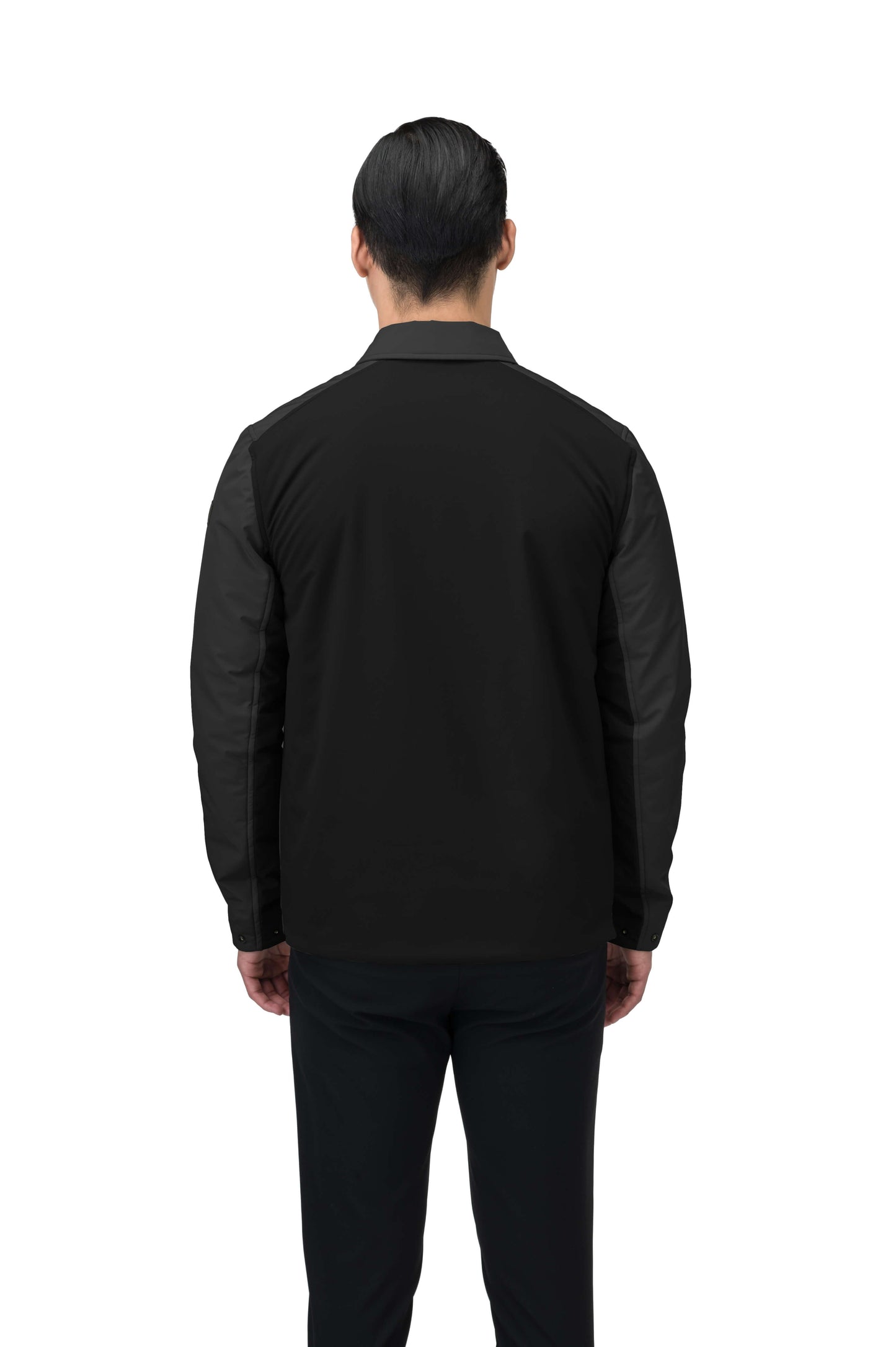 Ander Men's Mid Layer Shirt in hip length, PrimaLoft Gold Insulation Active+, 3-Ply Micro Denier front and 4-Way Durable Stretch Weave back, zipper chest pockets, snap button wind flap, and snap button cuffs, in Black