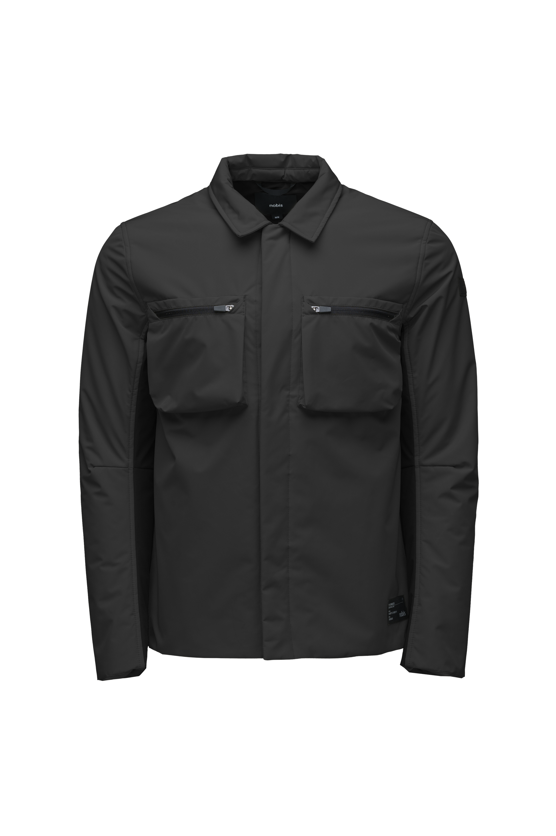 Ander Men's Mid Layer Shirt in hip length, PrimaLoft Gold Insulation Active+, 3-Ply Micro Denier front and 4-Way Durable Stretch Weave back, zipper chest pockets, snap button wind flap, and snap button cuffs, in Black