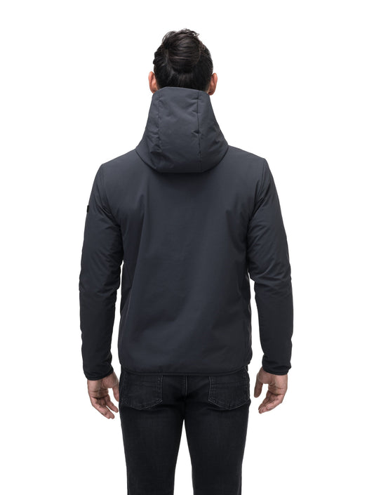 Men's hip length mid layer jacket with non-removable hood and two-way zipper in Black + Black