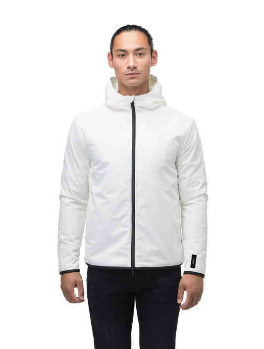 Men's hip length mid layer jacket with non-removable hood and two-way zipper in Chalk