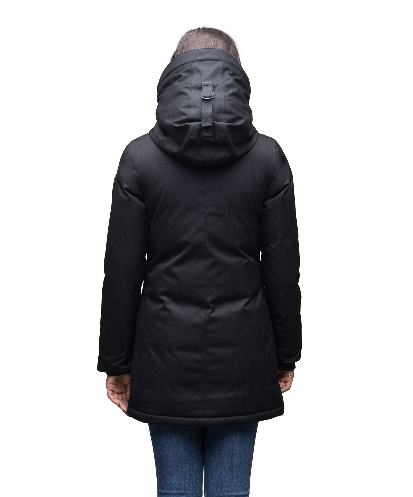 Women's down filled parka that sits just below the hip with a clean look and two hip patch pockets in BlackCarla Furless Ladies Parka in thigh length with Canadian Premium White Duck Down insulation, non-removable hood, centre-front zipper with magnetic closure wind flap, and four exterior pockets, in Black