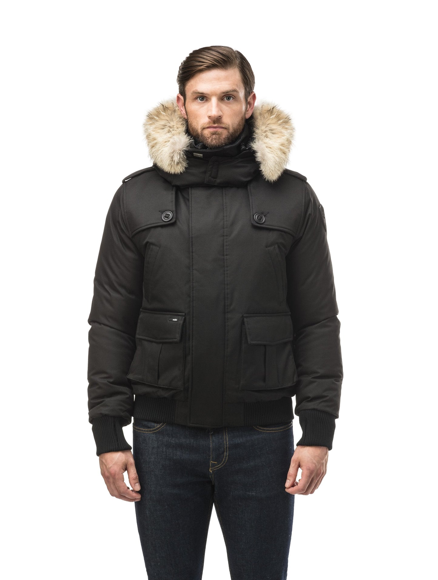 Men's down filled bomber that sits just above the hips with a completely removable hood that's windproof, waterproof, and breathable in CH Black