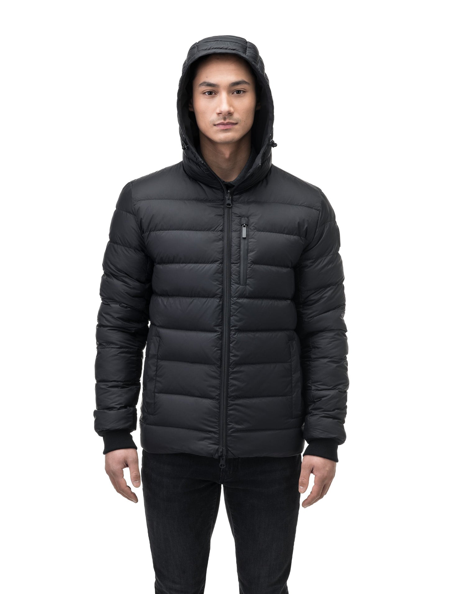 Chris Men's Mid Weight Reversible Puffer Jacket in hip length, Canadian duck down insulation, non-removable adjustable hood, ribbed cuffs, and quilted body on reversible side, in Black
