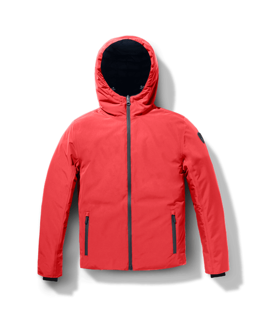 Chris Men's Mid Weight Reversible Puffer Jacket in hip length, Canadian duck down insulation, non-removable adjustable hood, ribbed cuffs, and quilted body on reversible side, in Vermillion