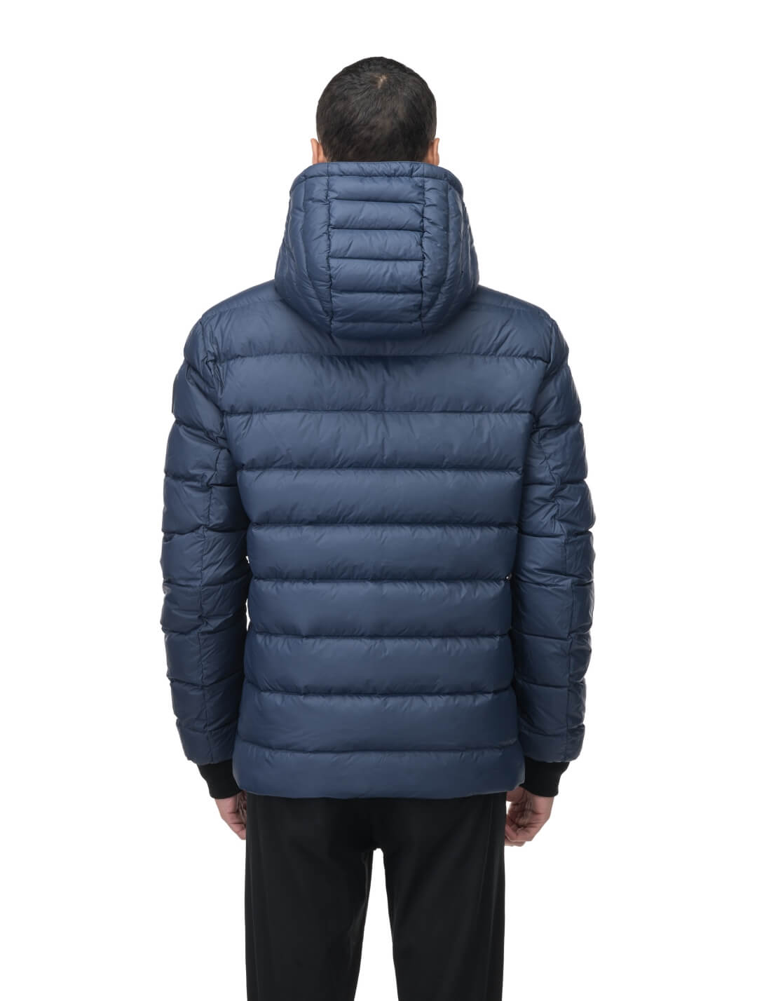 Chris Men's Mid Weight Reversible Puffer Jacket in hip length, Canadian duck down insulation, non-removable adjustable hood, ribbed cuffs, and quilted body on reversible side, in Marine