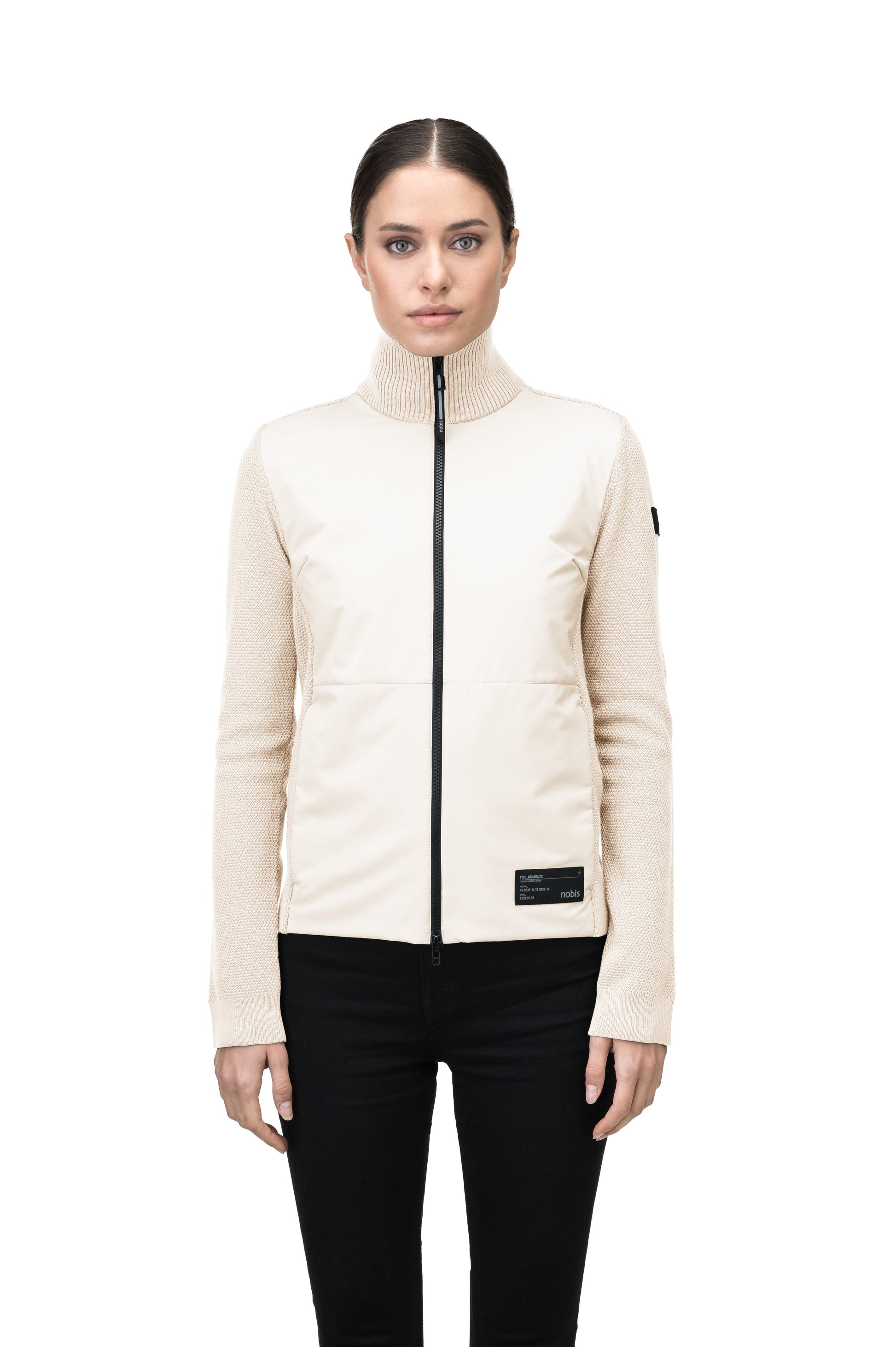 Evo Ladies Performance Full Zip Sweater in hip length, Primaloft Gold Insulation Active+, Merion wool knit collar, sleeves, back, and cuffs, two-way front zipper, and hidden waist pockets, in Chalk