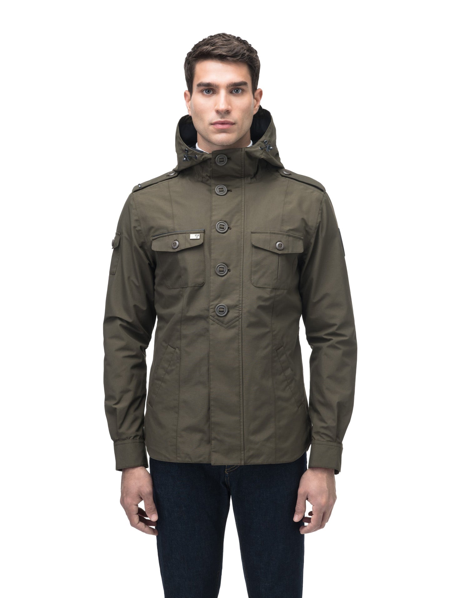 Men's hooded shirt jacket with patch chest pockets in Fatigue